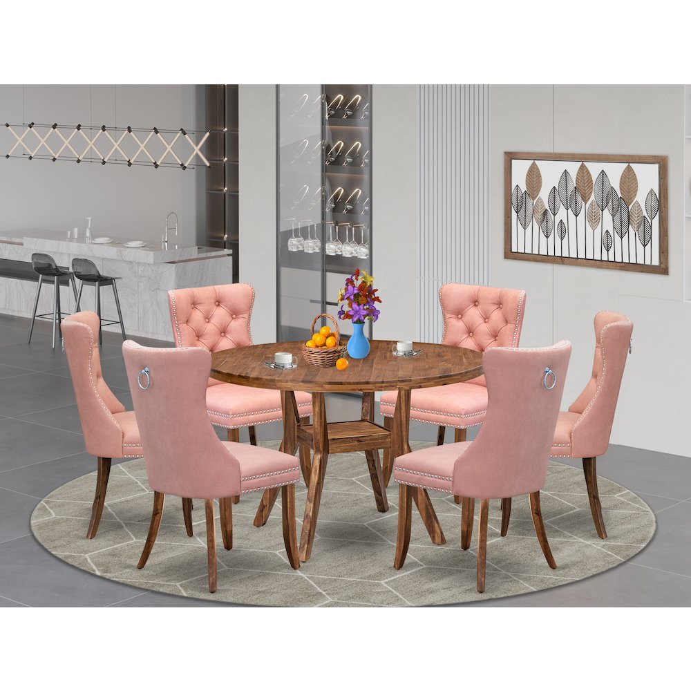 7-Pc Dining Room Table Set Include A Modern Table And 6 Beige Red Parson Chairs