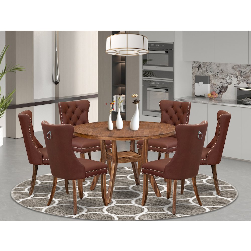 7-Pc Dining Room Set Include A Modern Table And 6 Burgundy Upholstered Chairs