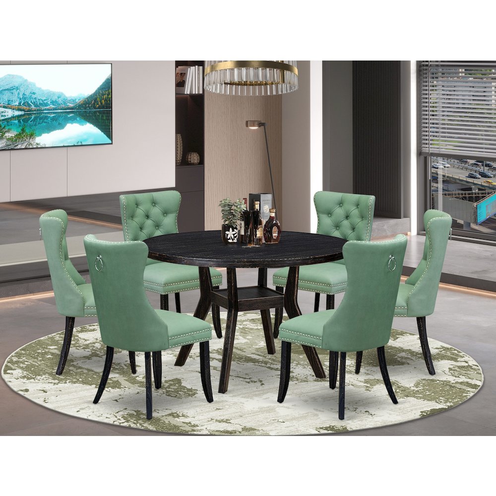 7 Piece Dinette Set Contains 48″ Round Table In Willow Green Color