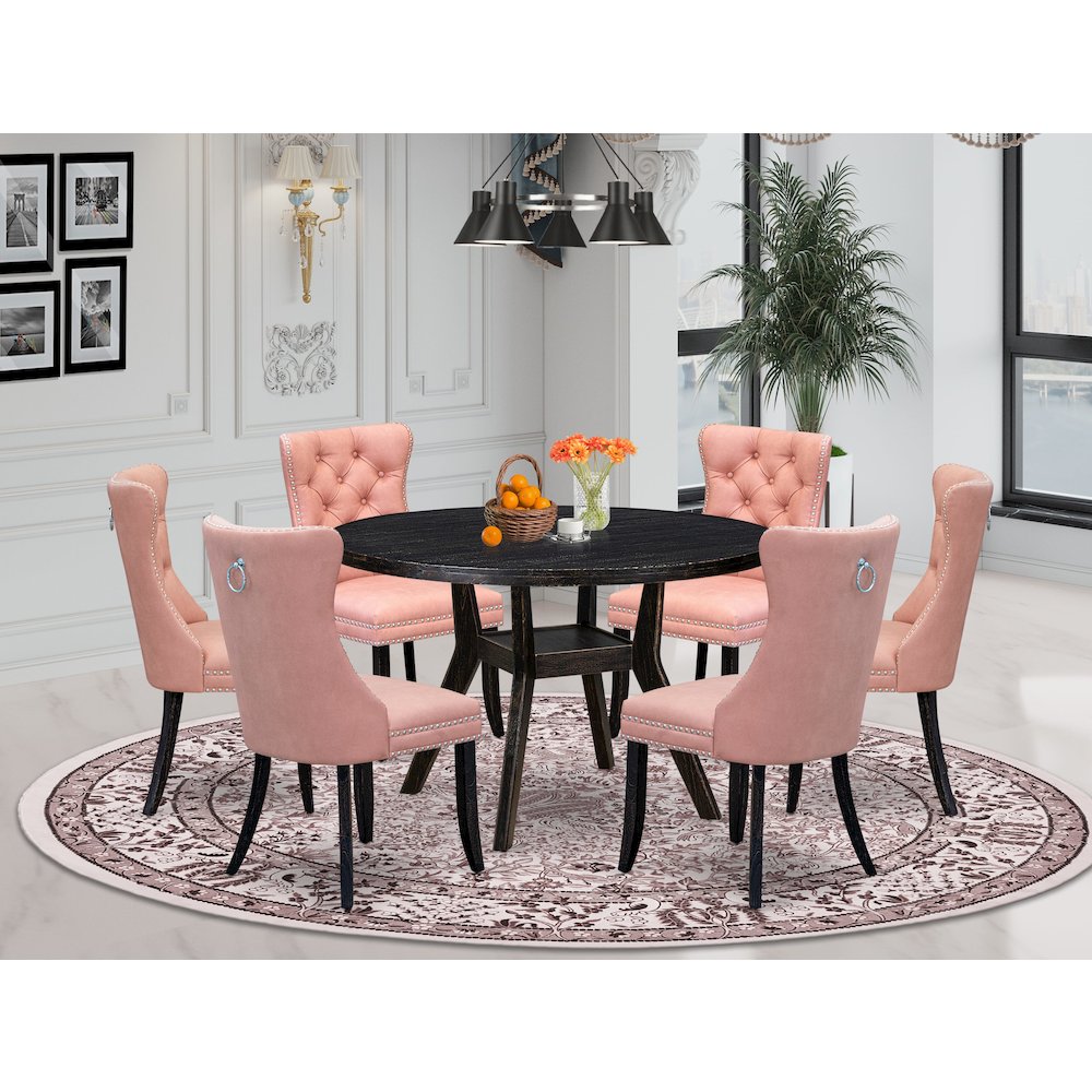 7 Piece Dining Set Contains 48″ Round Kitchen Table In Beige Red Color