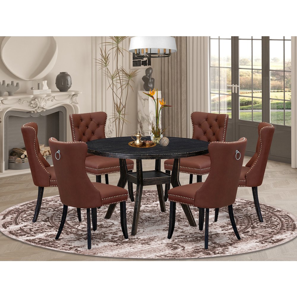 7 Piece Dining Table Set Contains 48″ Round Table In Burgandy Color