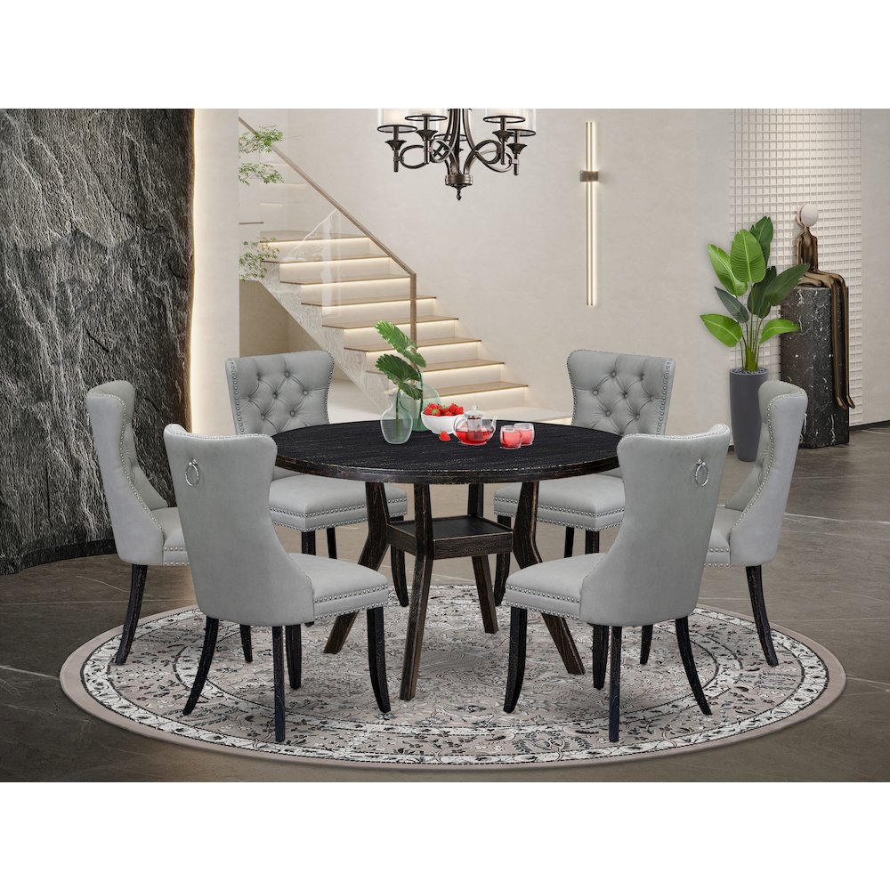 7 Piece Dining Table Set Contains 48″ Round Table In Light Gray Color
