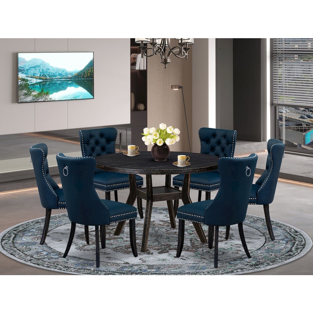 7 Piece Dining Table Set Contains 48″ Round Table In Navy Blue Color