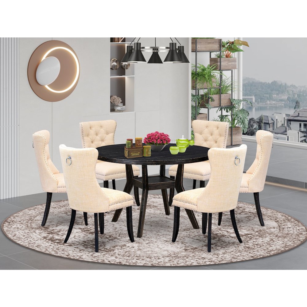 7-Piece Kitchen A Dining Table And 6 Light Beige Linen Fabric Dinner Chairs