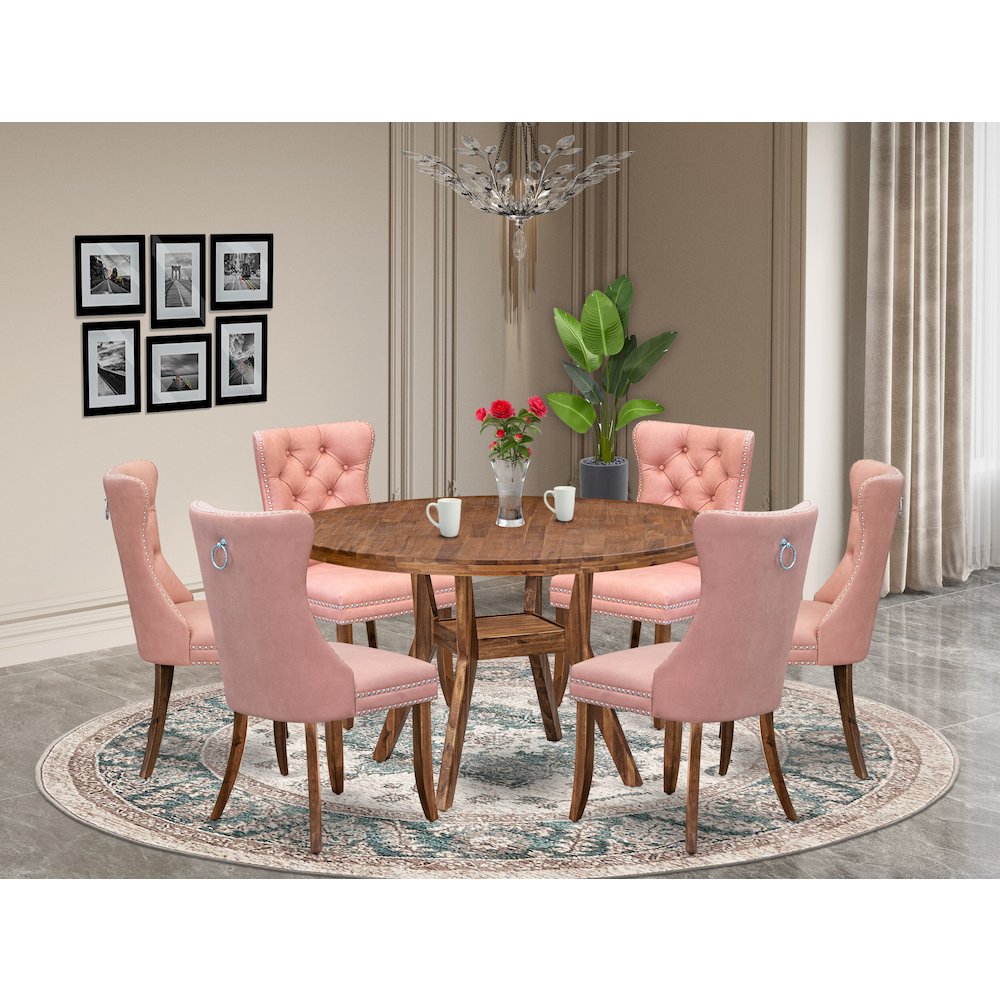 7-Pc Dining Room Set Consist A Dinner Table And 6 Beige Red Upholstered Chairs