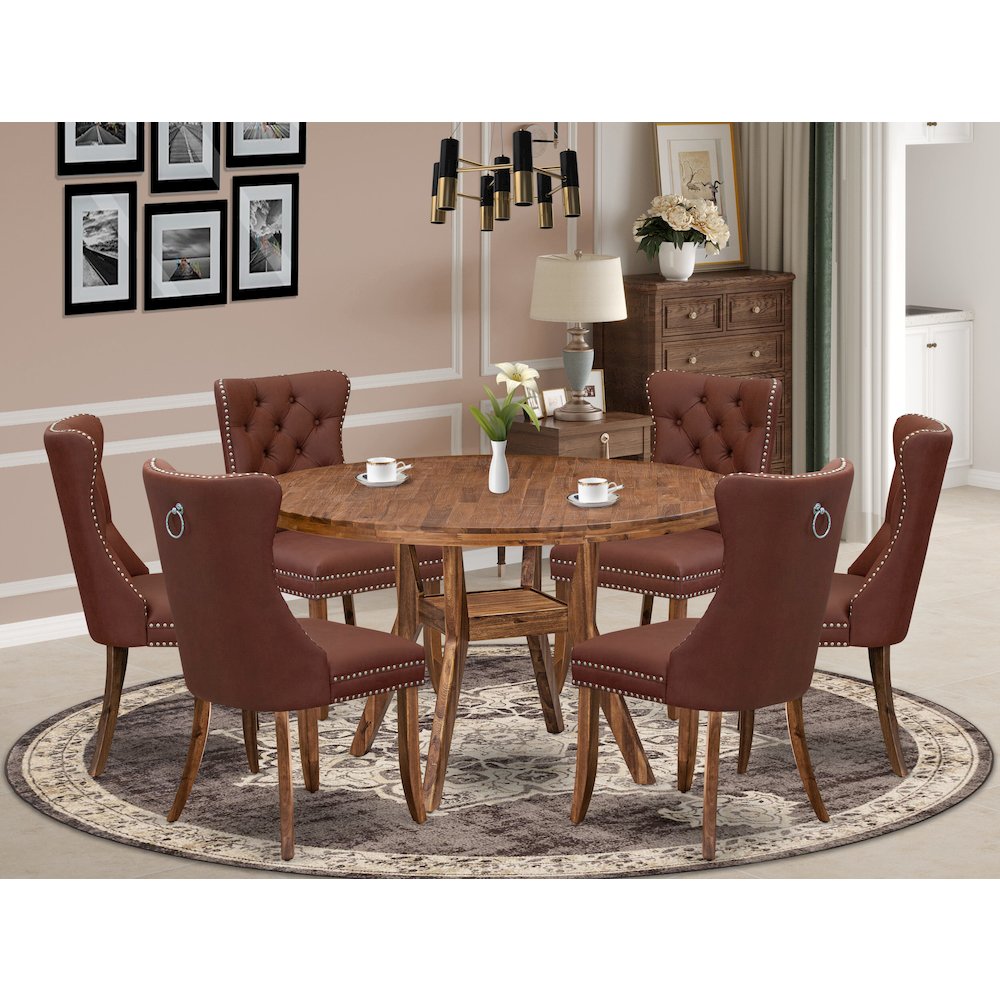 7-Pc Mid Century Dining Set Consist A Table And 6 Burgundy Upholstered Chairs