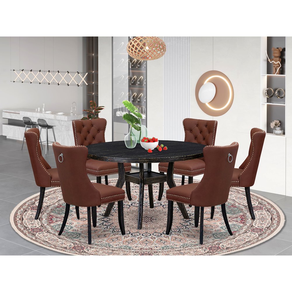 7 Piece Dining Table Set Contains 54″ Round Table In Burgandy Color
