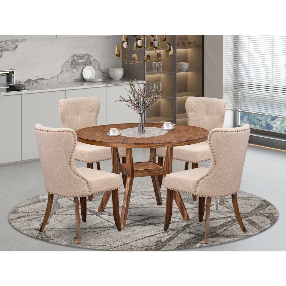 5 Piece Dining Set Consists Of 48″ Round Kitchen Table In Light Tan Color