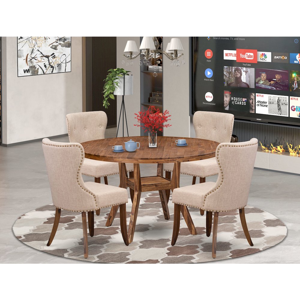 5 Piece Dinette Set For 4 Includes 54″ Round Table In Light Tan Color