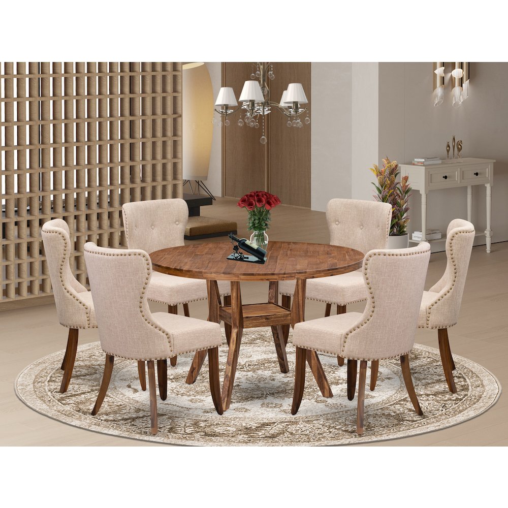 7 Piece Dining Set For 6 Contains 48″ Round Table In Light Tan Color