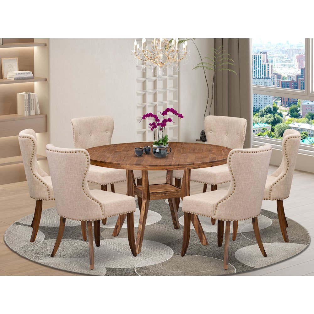 7 Piece Dining Set Consists Of 54″ Round Kitchen Table In Light Tan Color