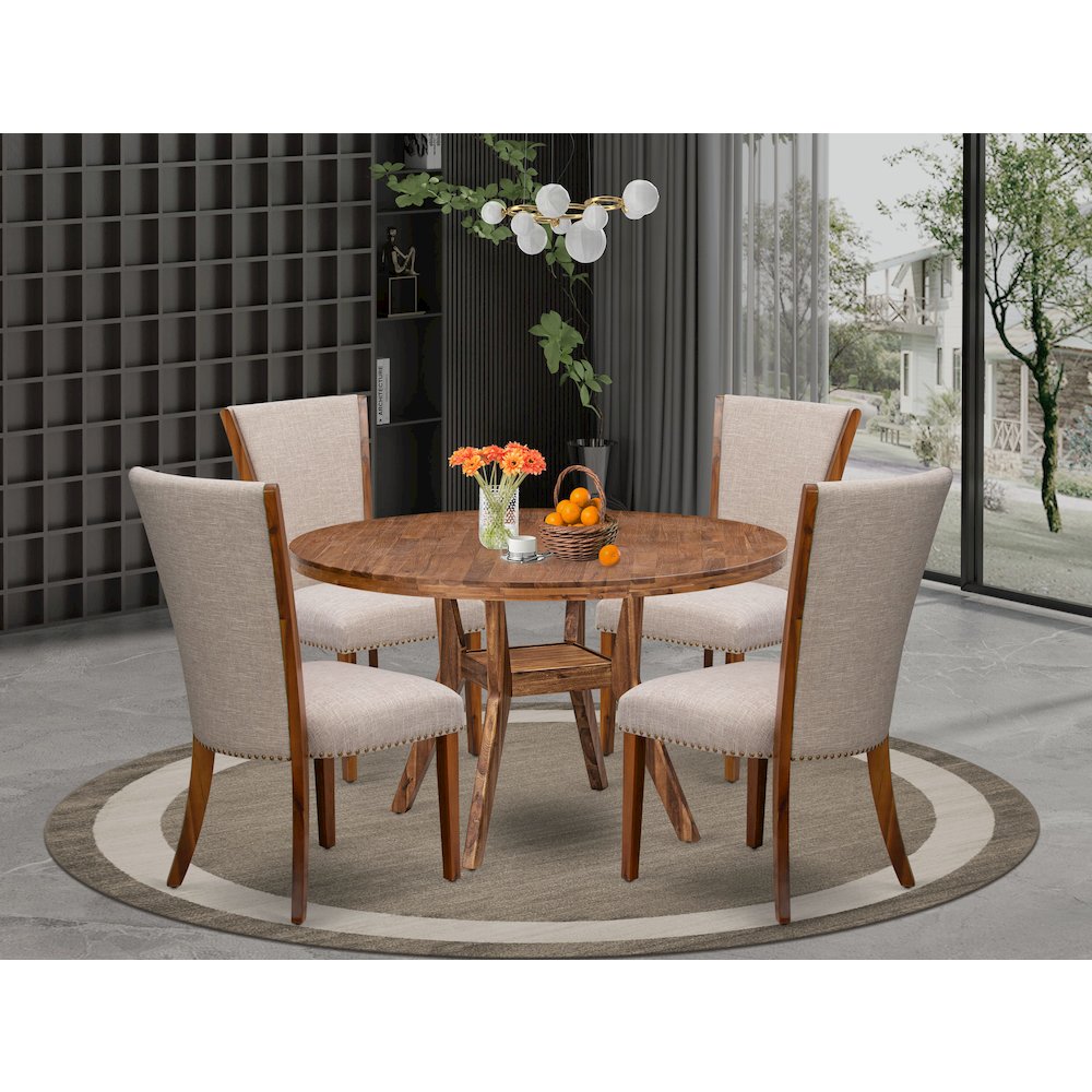 5 Piece Dining Set For 4 Contains 54″ Round Table In Light Tan Color