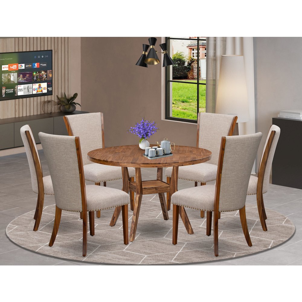 7 Piece Dining Set Consists Of 48″ Round Table In Light Tan Color