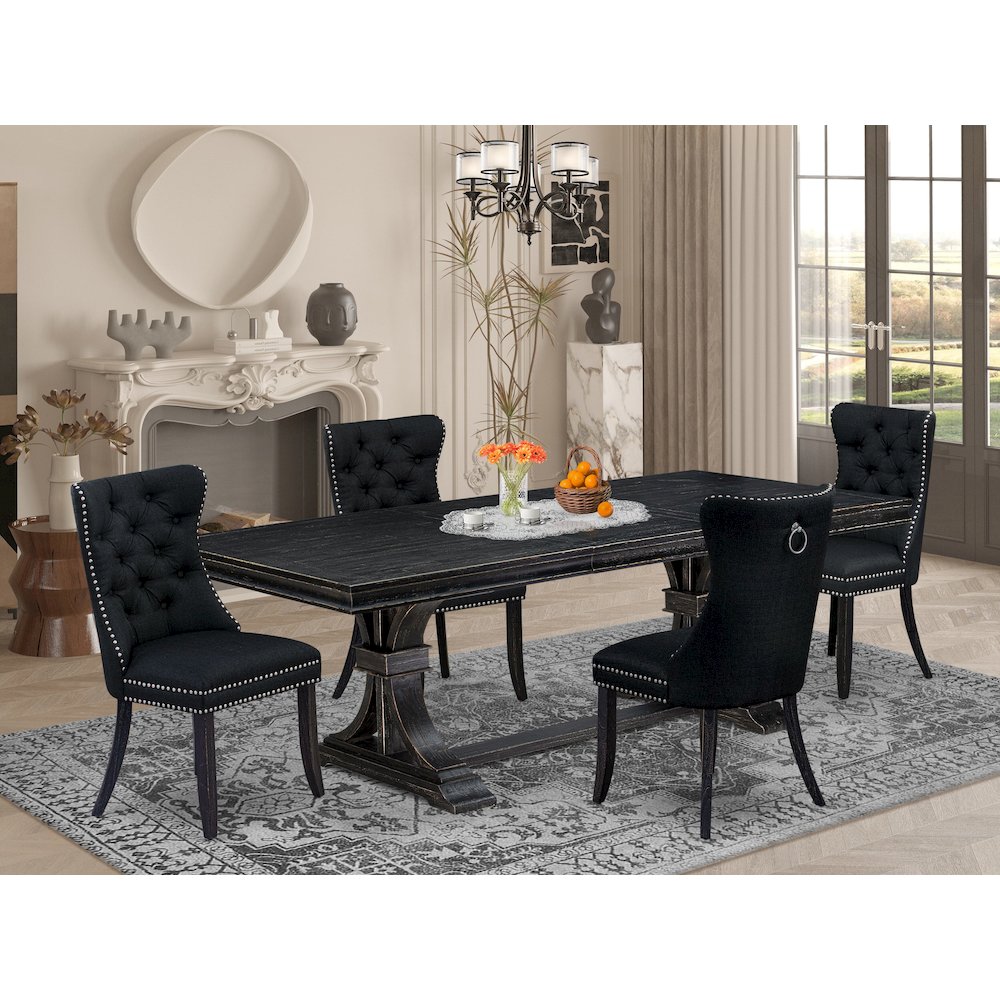 5 piece dining table set of a wooden table and 4 Linen Fabric dining Chairs