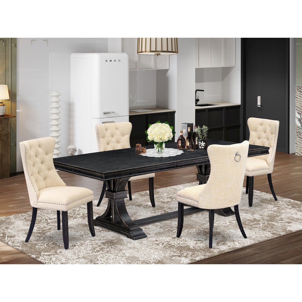 5 piece kitchen table set of a dinner table and 4 Linen Fabric kitchen chairs