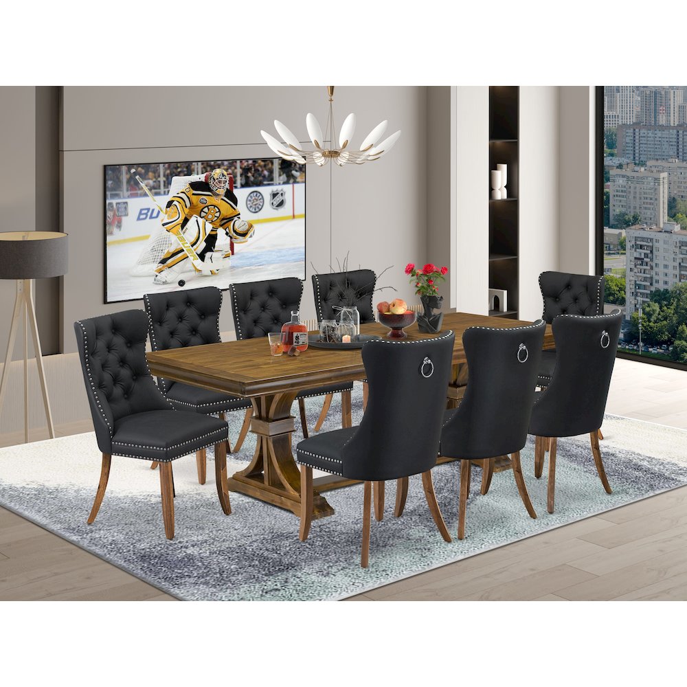 9 piece Modern Dining Table Set of a Kitchen Table and 8 Dark Grey Dinner Chairs