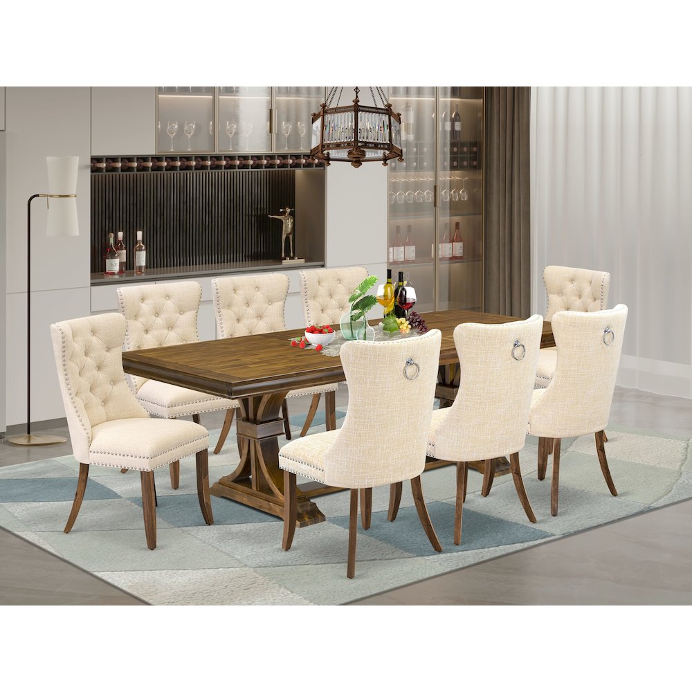 9 Pieces Dining Table Set a Rectangle Table and 8 Linen fabric Dining Chairs