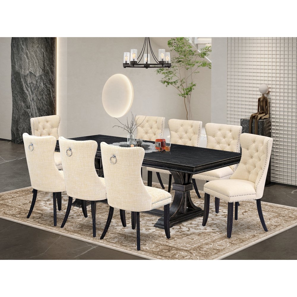 9 piece modern dining set of a rectangular table and 8 padded chairs