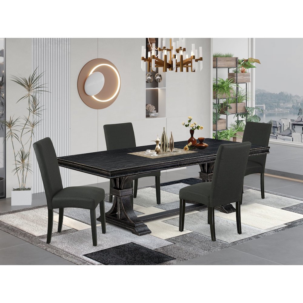 5 piece modern dining set of a breakfast table and 4 Linen Fabric kitchen chairs