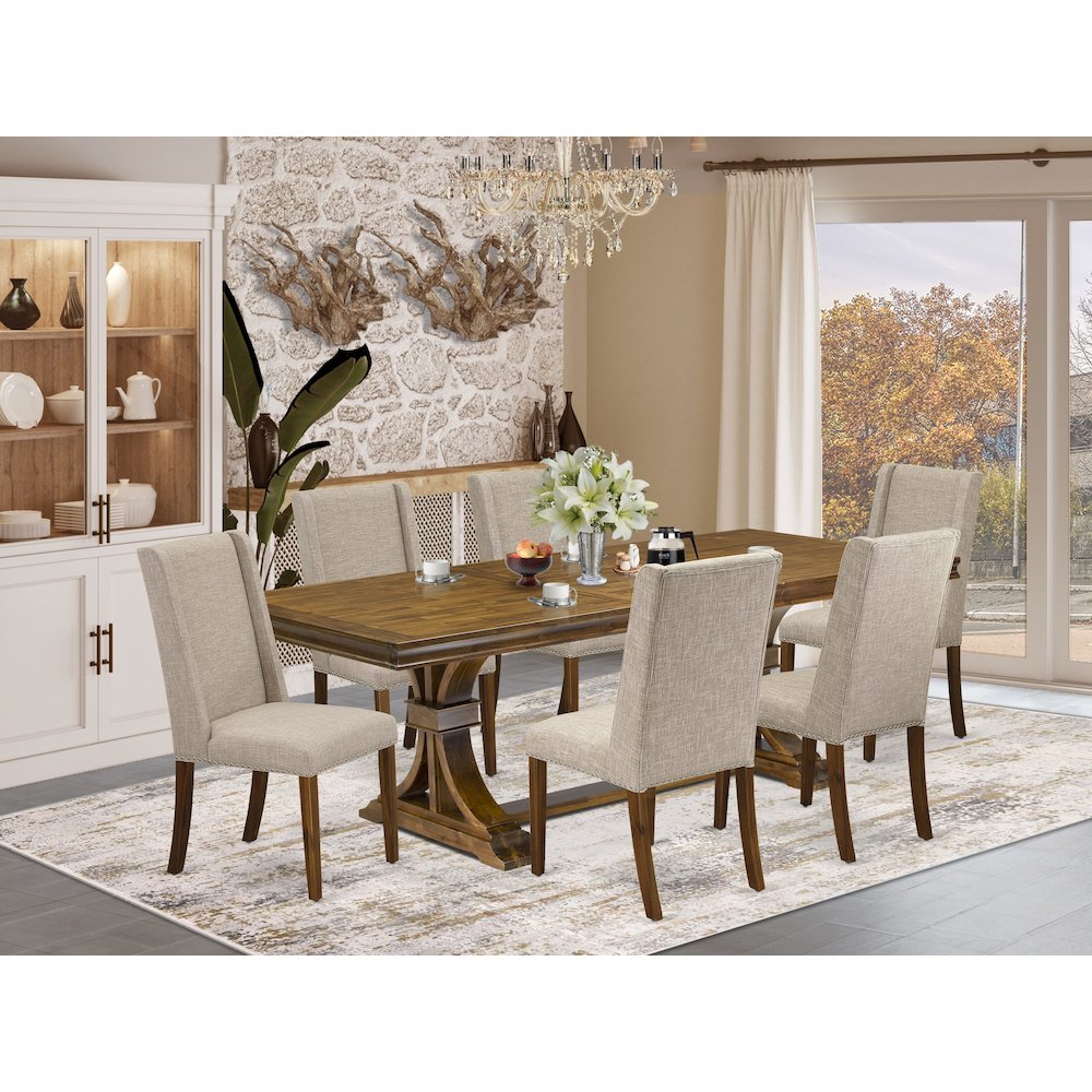 7 piece dining table set a wooden table and 6 Linen Fabric modern chairs