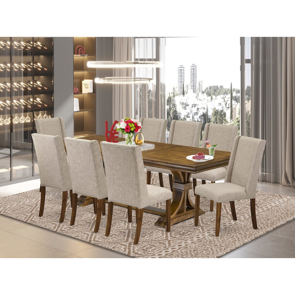9 piece kitchen table set of a rectangular table and 8 parson chairs