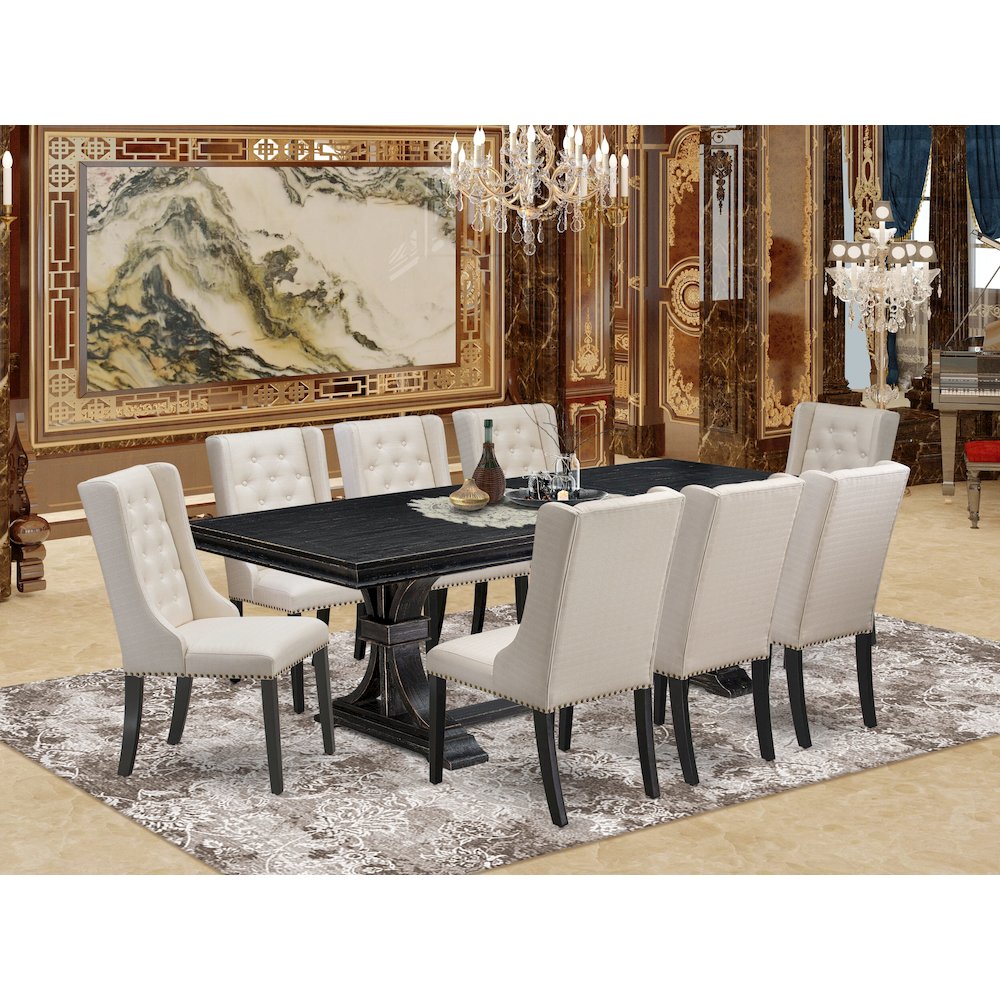 9 piece dining set a rectangular dining table and 8 Linen Fabric dining chairs