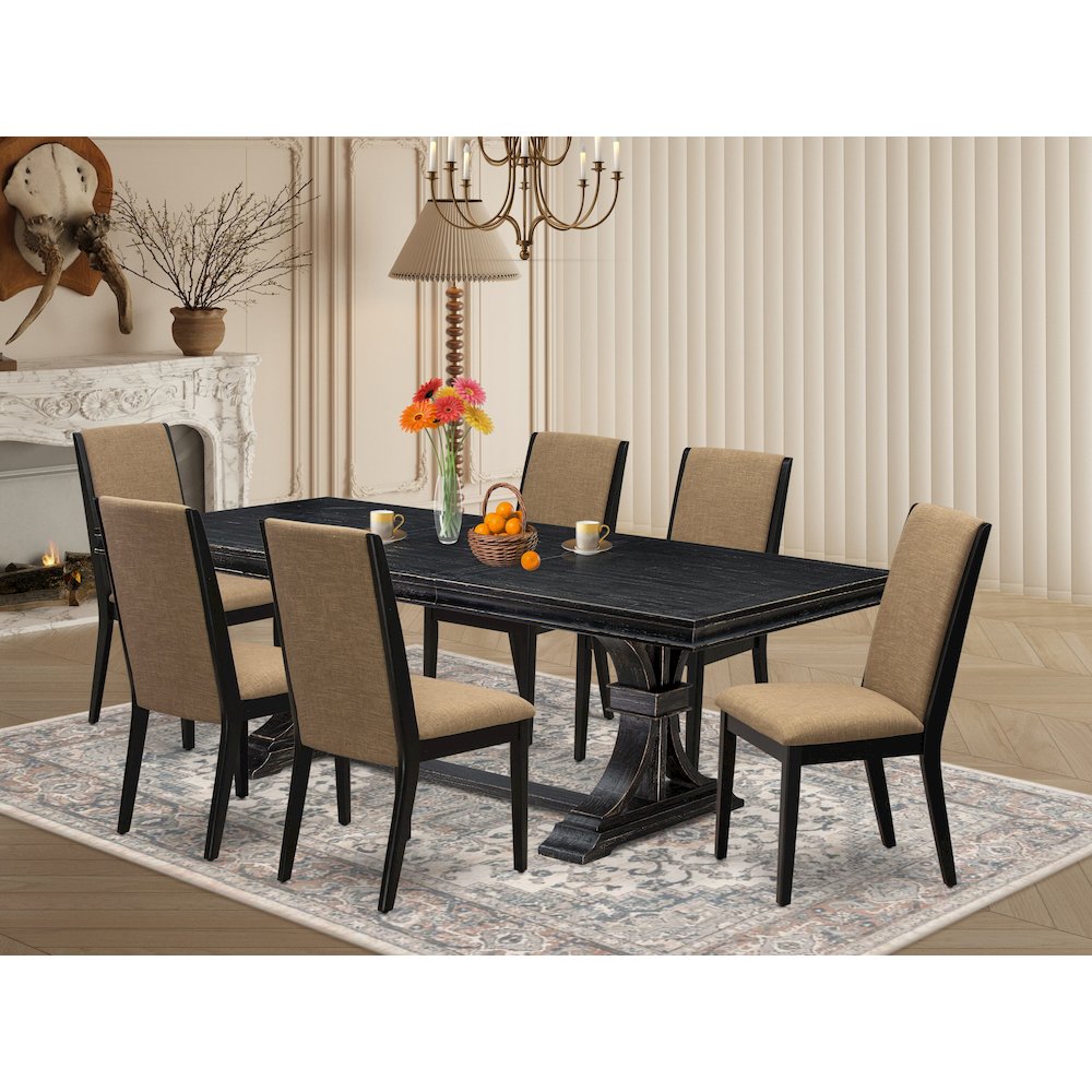 7 piece dining set of a wooden table 6 Linen Fabric dining chairs & black legs
