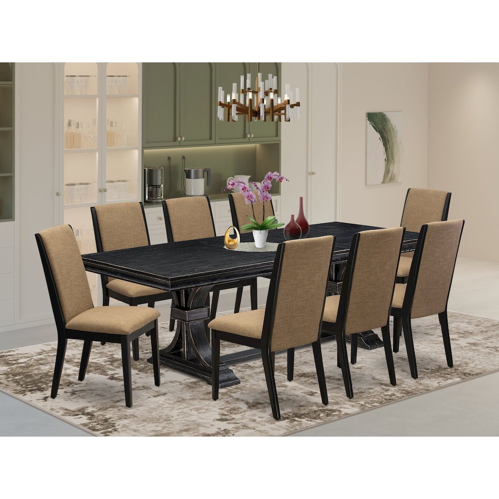 9 piece kitchen set a kitchen table & 8 Linen Fabric dining chairs & black legs
