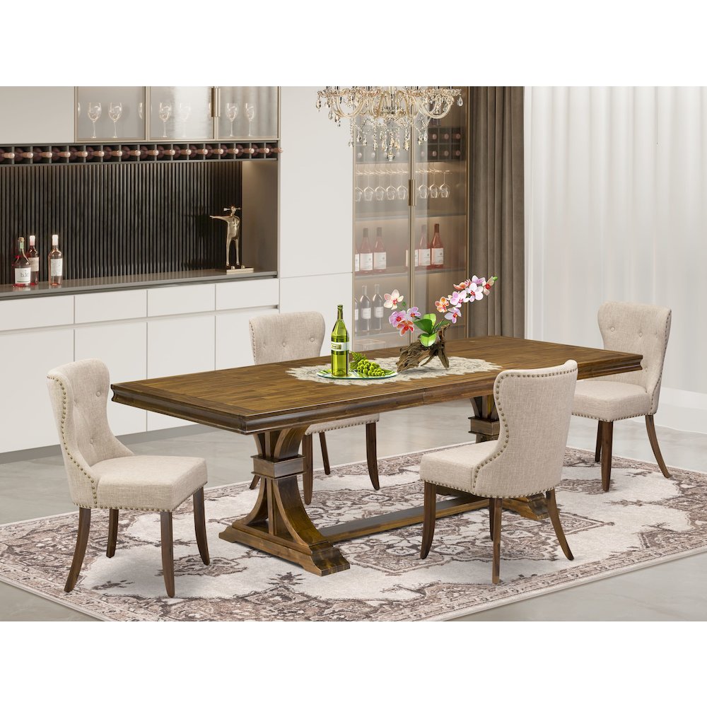 5 piece Dining Room Set of a Wood Table and 4 Linen Fabric Parson Dining Chairs
