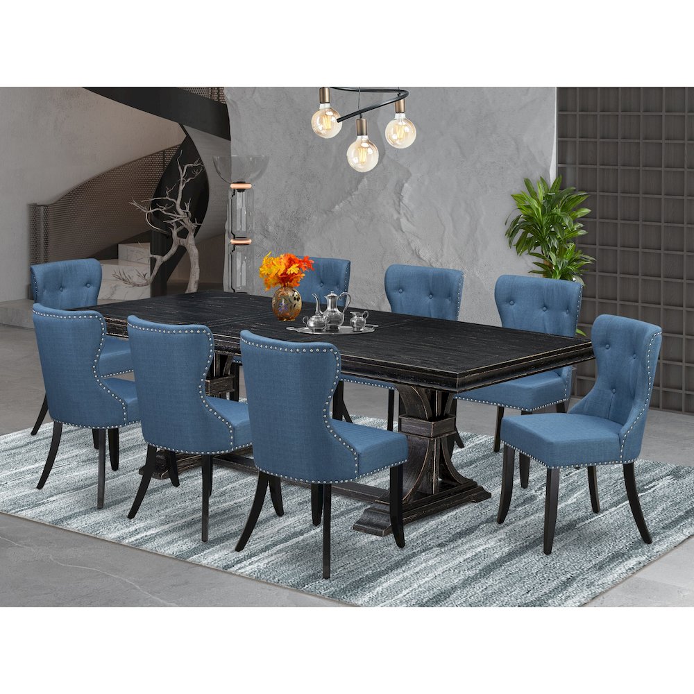 9 piece Dining Room Set of a Modern Table and 8 Linen Fabric Dining Room Chairs