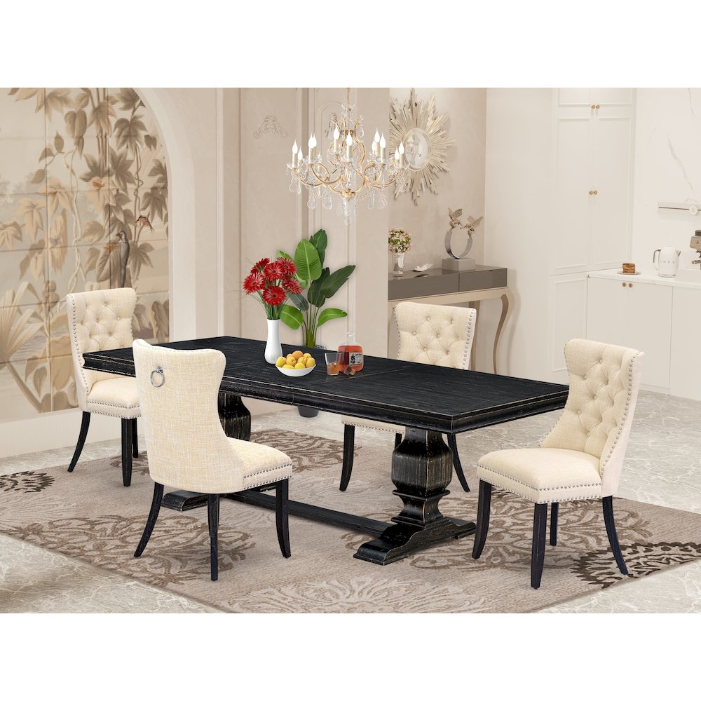 5 piece kitchen set of a wooden dining table and 4 Linen Fabric dining chairs