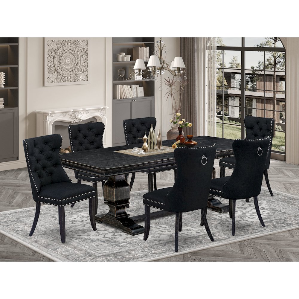 7 piece dining room set of a kitchen table and 6 Linen Fabric upholstered chairs