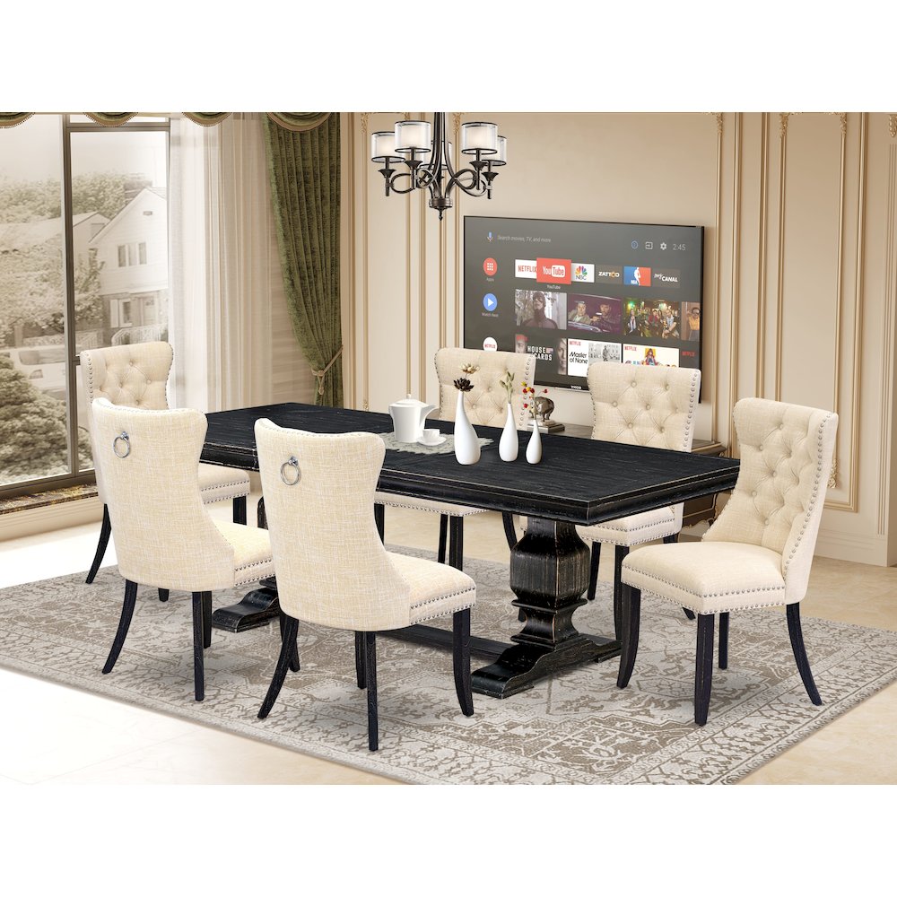 7 piece dining room set of a kitchen table and 6 Linen Fabric parson chairs