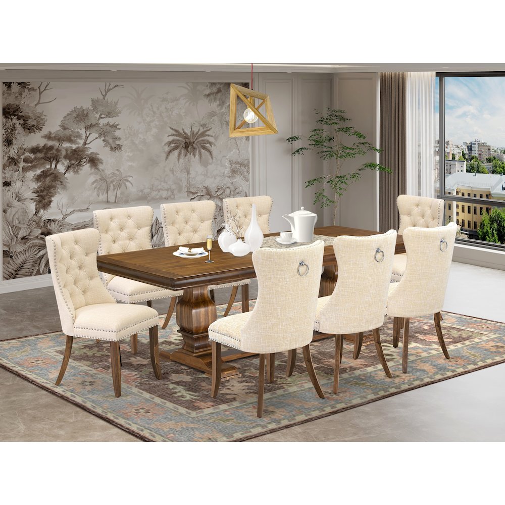 9 Pieces Dining Table Set a Rectangle Table and 8 Linen fabric Dining Chairs