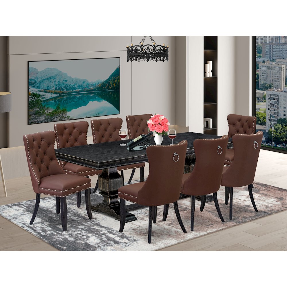 9 piece kitchen dining set a wooden dining table and 8 padded Chairs