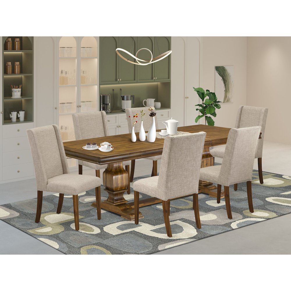7 piece dining table set of a dinner table and 6 Linen Fabric upholstered chairs