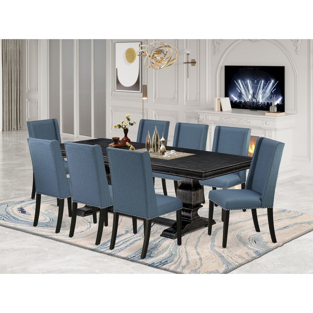 9 piece dining table set of a dinner table and 8 Linen Fabric kitchen chairs