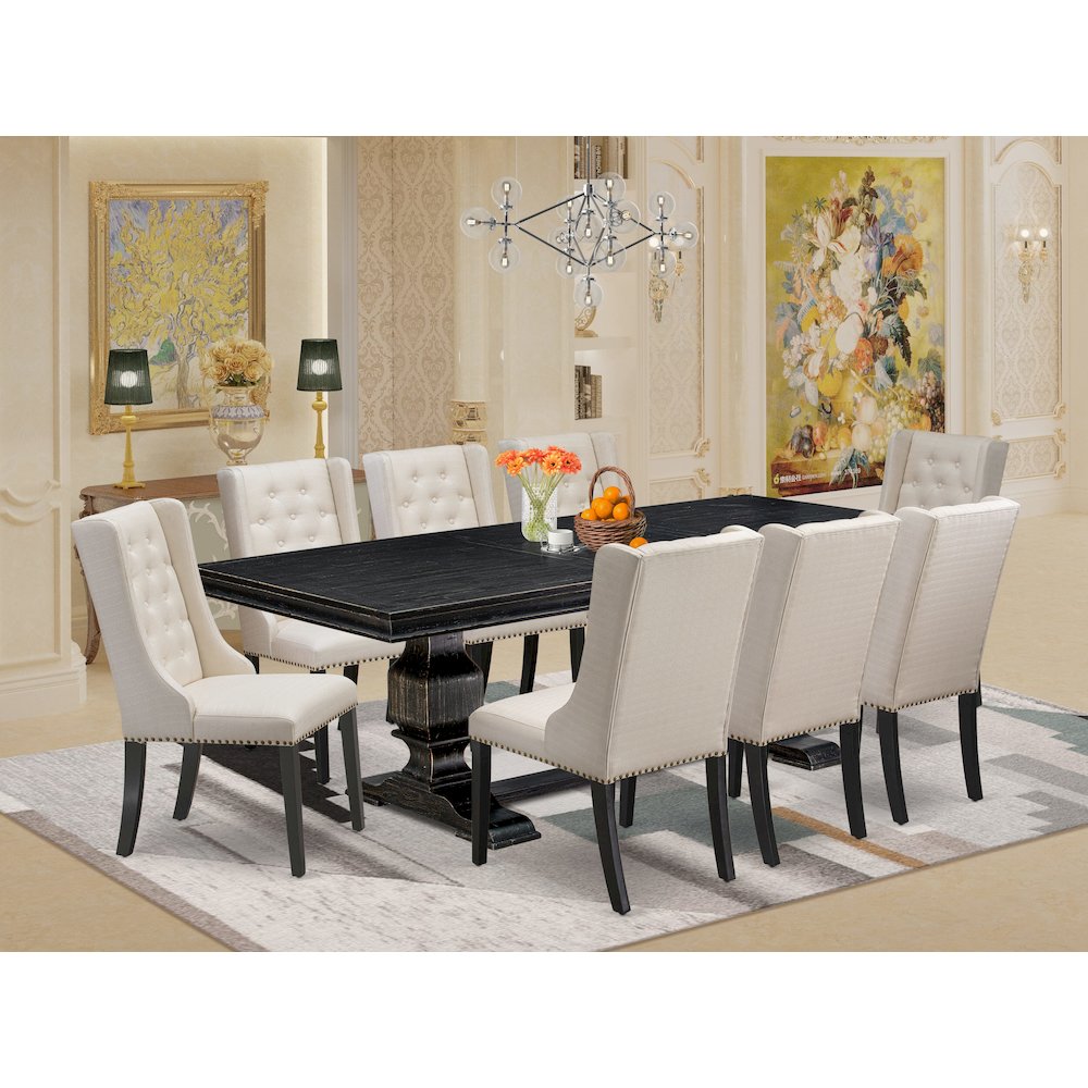 9 piece modern dining set of a wooden table and 8 Linen Fabric dining chairs