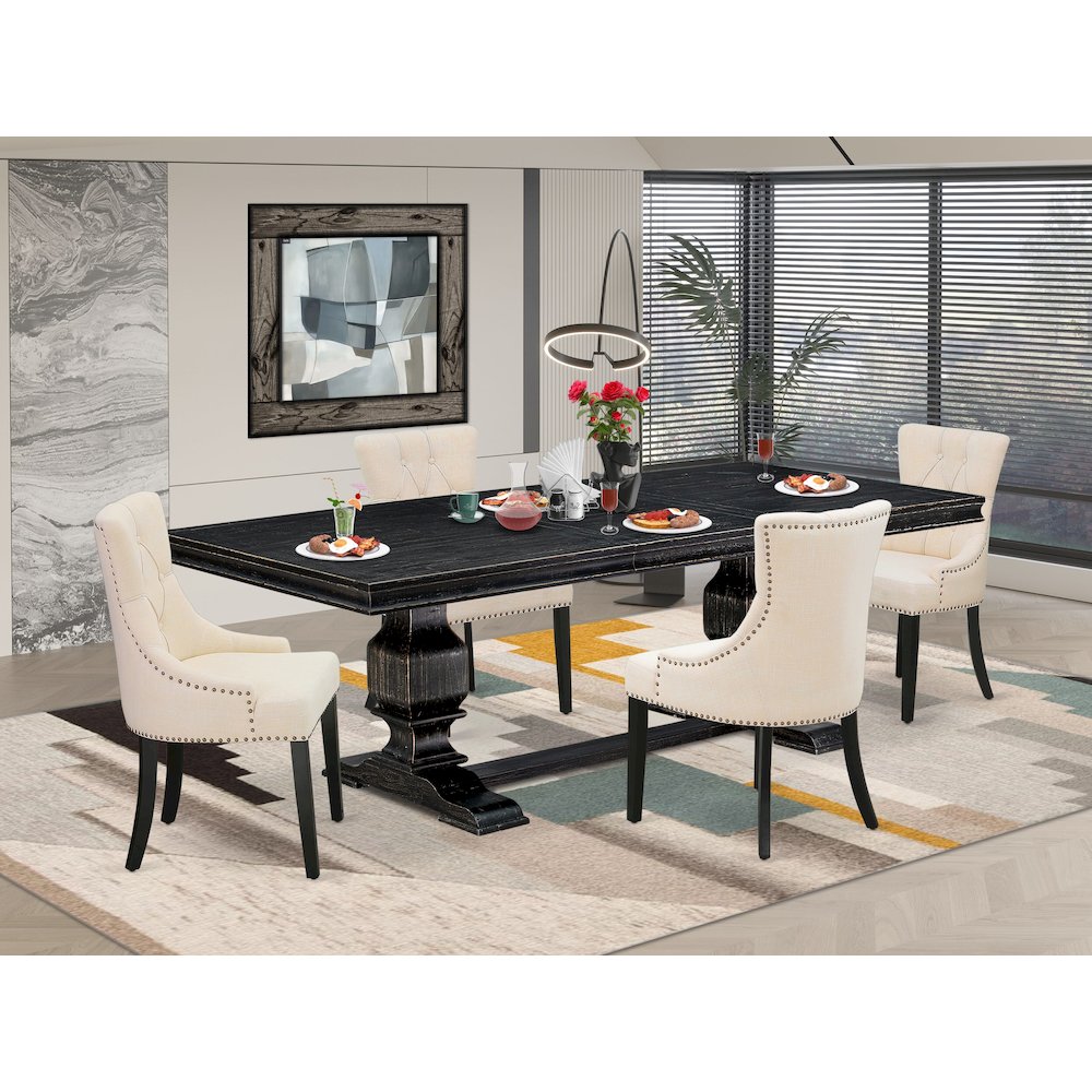 5 piece kitchen set of a table and 4 Linen Fabric dining chairs & black legs