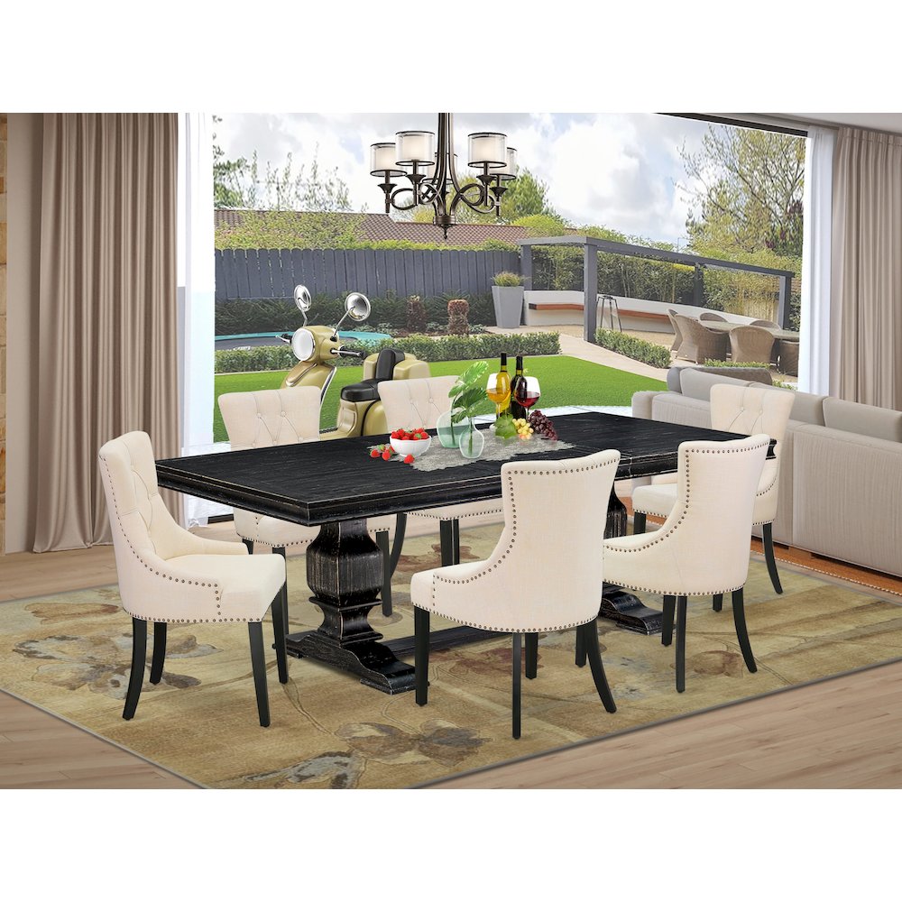 7 piece dining set a dining table and 6 Linen Fabric kitchen chairs & black legs