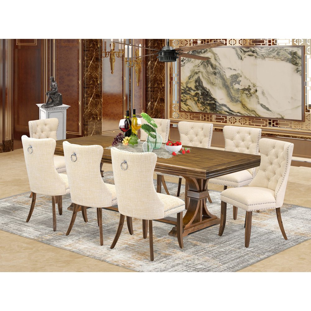 9 Pieces Dining Table Set a Rectangle Table and 8 Linen fabric Dining Chairs