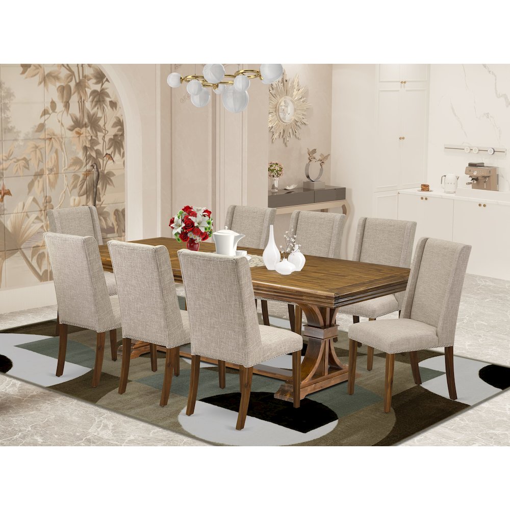 9 piece kitchen set of a dinner table and 8 Linen Fabric parson chairs