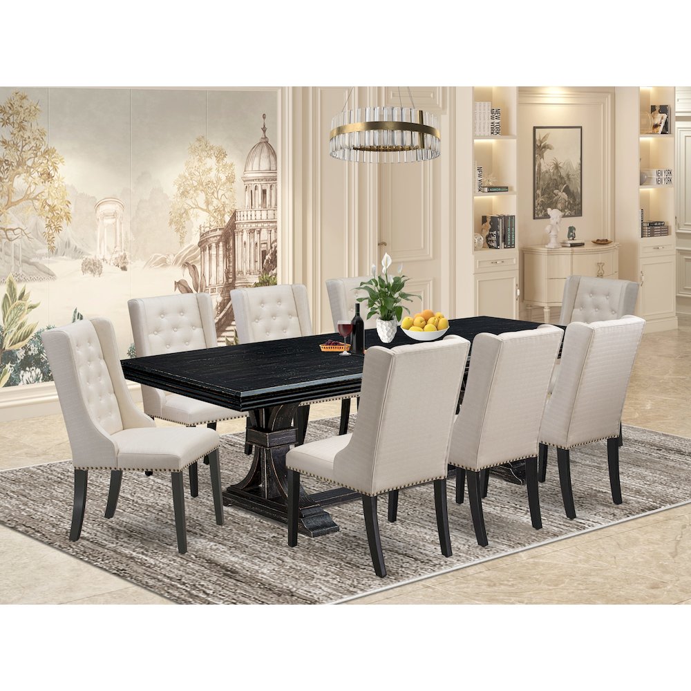 9 piece dining set of a dinner table and 8 dining room chairs & black legs