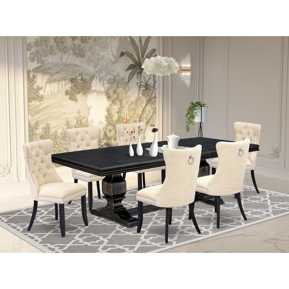 7 piece dining set of a dining table and 6 Linen Fabric kitchen chairs