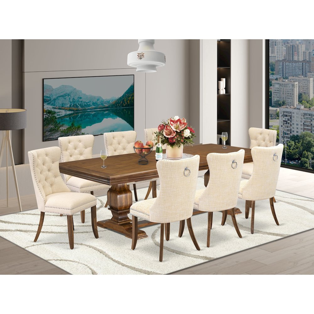 9 Pieces Dining Table Set a Rectangle Table and 8 Linen fabric Dining Chairs