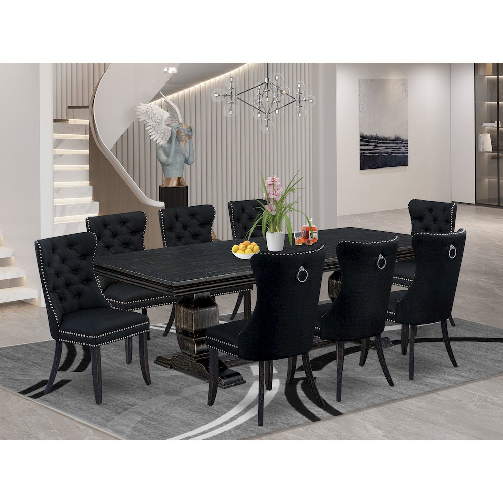 9 piece dining room set of a rectangular table and 8 Linen Fabric dining chairs