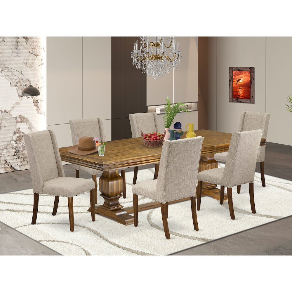 7 piece dining table set of a breakfast table and 6 Linen Fabric dining chairs