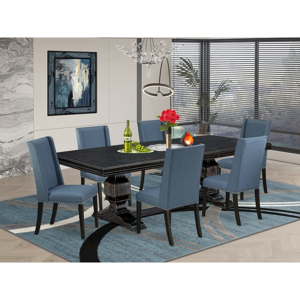 7 piece dining room set of a wooden table and 6 Linen Fabric dining chairs