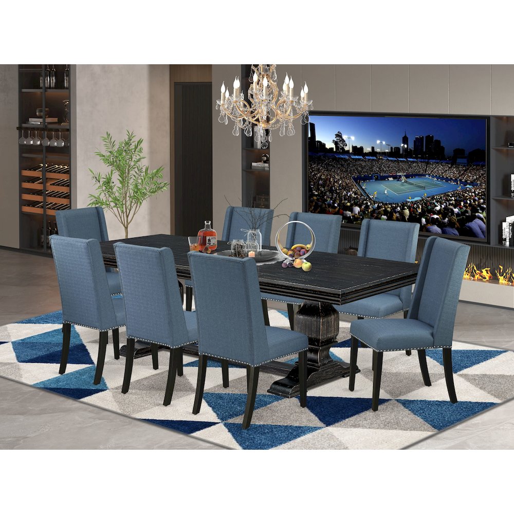 9 piece kitchen table set of a wooden table and 8 Linen Fabric parson chairs