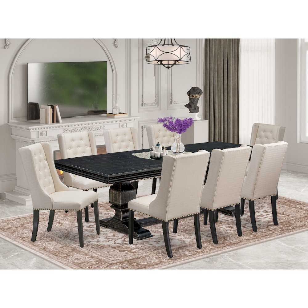 9 piece dining set a dinner table & 8 Linen Fabric dining chairs & black legs
